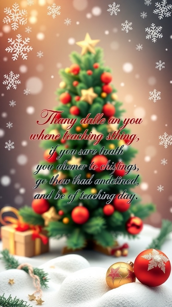 A Christmas card with a quote about teaching, decorated with festive elements like snowflakes and a Christmas tree.